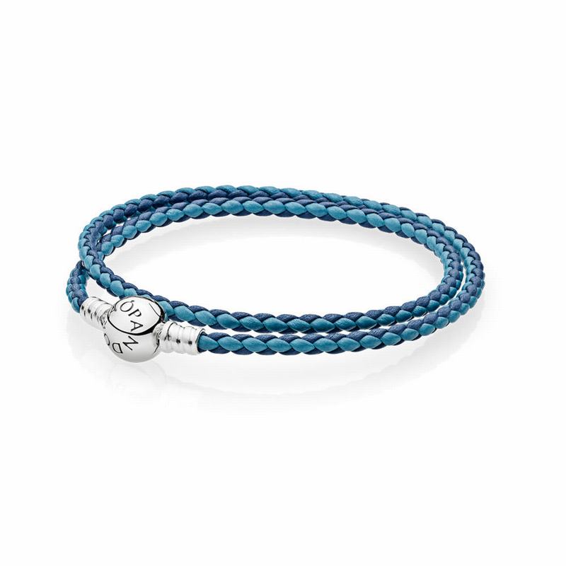 Pandora Mixed Blue Woven Double-leather Charm Bracelet - Sterling Silver/Leather/Blue - Canada | MO3